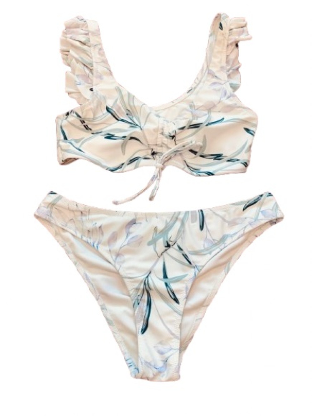 Cupshe L Floral Tie-Front Ruffle Strap Bikini Set in Cream, Green and Lavender L